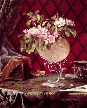  Johnson Canvas - Still Life with Apple Blossoms in a Nautilus Shell Romantic flower Martin Johnson Heade